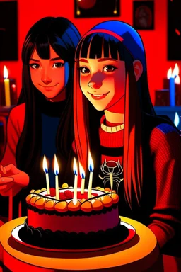 spiderman into the spider verse tarzı 17 yazan mum ile doğum günü kutlayan 2 kız birinin saçı kısa karakterlerin görüneceği kadar aydınlık soldaki kızın saçı daha kısa yüz ifadeleri değişsin çizgi roman tarzı gölgelendirme yüz ifadeleri değişsin sadece 2 kişi pasta ortalansın yüz ifadeleri değişsin sadece iki kız her şey aynı kalsın ama yüz ifadeleri değişsin