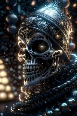A beautiful Happy New Year 2024, decadent goth text portrait, in front of a snow covered christmas tree, christmas decadent goth metallic filigree ornaments embossed foral mineral stone ribbed christmas ornaments organic bio spinal ribbed detail of bokeh christmas lights background extremely detailed maximálist hyperrealistic concept art