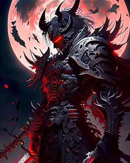 silver and gold armor with glowing red eyes, and a ghostly red flowing cape, crimson trim flows throughout the armor, the helmet is fully covering the face, black and red spikes erupt from the shoulder pads, crimson and gold angel like wings are erupting from the back, crimson hair coming out the helmet, spikes erupting from the shoulder pads and gauntlets