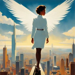 [art by Norman Rockwell] In a world where the sky is the new frontier, “AeroDynamica” emerges as the embodiment of progress and freedom. This digital artwork captures a futuristic girl, her silhouette sleek against the cityscape, with wings that are a marvel of bioengineering. They unfurl with a grace that belies their intricate design, a fusion of organic curves and cutting-edge technology. “AeroDynamica” is not just a figure; she’s a statement about the potential within us all to