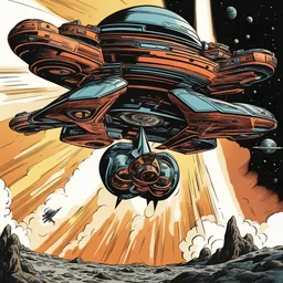 retro comic, space ship from the rear, flying towards a planet, jack kirby style