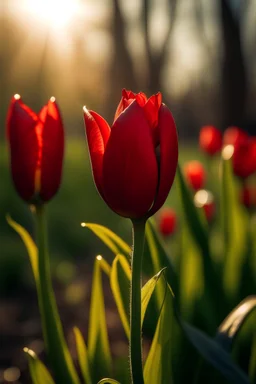 A big red tulip with a few branches of a small red tulip close to me and the sunlight