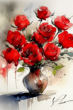 A watercolour and ink drawing of A vase of red roses in the style of artist John Lovett