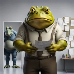 photo of a fat yellow-green color anthropomorphic frog in simple human cloths and take between his hands many paper in office, on the wall hang an wall board with some written sheets of paper, in background standing an anthropomorphic strong gray rhinoceros in blue jeans and in t-shirt behind in halb open door , dark colors, detailed 3d, sci-fi, fantasy mood