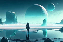 alien landscape with person seeing a grey exoplanet in the horizon, lagoon, ice blocks, sci-fi, concept art, cinematic, very epic