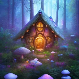 fairy fantasy house in the forest, blue and pink lights mushrooms and big flowers around