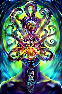 Spiritual being with Tentacles over human Head creating reality around, wrapping Spiral around Human, Psychedelic