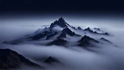 looking down from space at a misty mountain coming through the mist at night