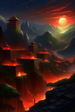 View of an ancient walled city sitting in a valley as viewed from the rim of the valley, the city is lighted by torches placed along the walls with windows high upon the wall, One window has a scarlet cord draped out reaching the ground, the sky is dark and surrealistic with planets and moons on the horizon, the rim of the valley has armored soldiers laying in wait while 2 spies work their way down to the outside of the city wall where the scarlet cord hangs from the window above a cross