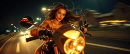 fish eye lense, pin hole cam, master oil painting by Rembrandt, good afternoon bitch scary hot seductive female riding sports bike with motion blur and smeared lights in the night, stylistic poster, in the style of total recall, huge bugrat in the background with wind blowing in the hair, high speed, intense eyes