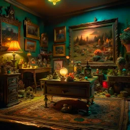 Diorama of old stuff in a room, sharp focus, 8k, 3d, very detailed, volumetric light, grim, fine art, very colorful, ornate, 35mm, F/2.8, insanely detailed and intricate, hypermaximalist, super detailed, decadent