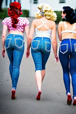 Four Pin Up Girls on jeans walking