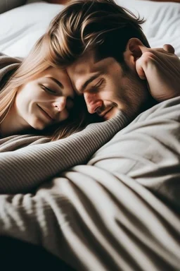 hugging someone while laying down in bed