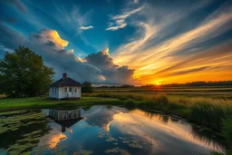 small pond beside the beautiful small house, stunning sunset,early evening, wild clouds,ultradetailed, insane resolution,,8k, hdr