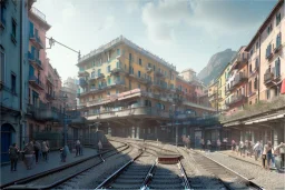 HanoiTrain+Close up Train head+ corner metro station+Elevated Train pass+trains+corner building on sea+riomaggiore+corniglia+genoa street+Italian medieval town+sea+alphonse mucha, greg rutkowski,matte painting, cryengine, hyper detailed, felix kelly, fantasy art, seb mckinnon