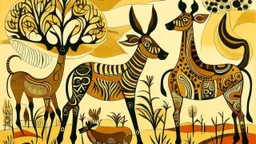 A savanna with Mehndi designed animals painted by Pablo Picasso