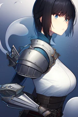 Motoko Kusanagi from "Ghost In The Shell (1995)", clad in medieval stell plate armour, melancholic, alone, big blue eyes, perfect, beautiful, black hair, correct proportions, androgynous