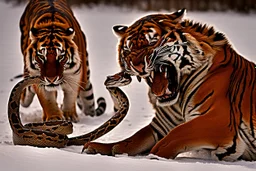 A python with its coils partially wrapped around a tiger. The python is thin but has a very long body, emphasizing the contrast with the tiger. The tiger, captured mid-action, is trying to bite the python. The high shutter speed freezes this intense moment, highlighting details like the textures of the python's scales and the tiger's fur, and the expression of struggle and defense. The background is a dense jungle with green foliage and vines. The rest of the python's body is visible, extending