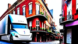 A Tesla semi-truck is parked, on the Bourbon Street, in New Orleans. CINEMATIC. WIDE ANGLE LENS.