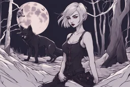 vampire girl showing fangs with short cropped cyberpunk hair wandering with her wolf in tangled forest in the moonlight