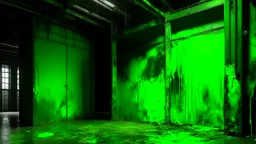 A neon green warehouse covered in mold painted by Paul Cezanne