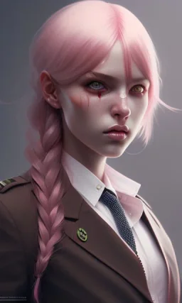 girl, cute, beautiful, pink hair, brown eyes, pigtails, bangs, knife in hand, blood on face, by Greg Rutkowski, big boobs, blazer, yandere