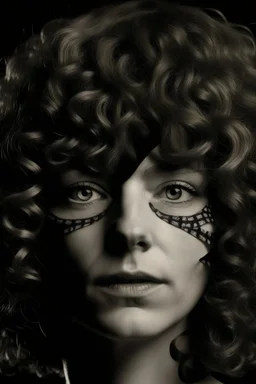volto deforme di donna bendata con capelli ricci e frangia