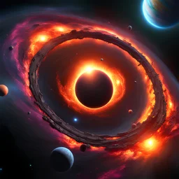 A solar system tightly orbiting a black hole, destruction, terror, ripping apart, colorful, , beautiful abyss, vivid, 8k 3d, vray, highly detailed matte painting, action, concept art, phoptorealistic, dozens of brightly lit rings of destroyed orbiting bodies, perfect circles brilliant, vivid, dayglow