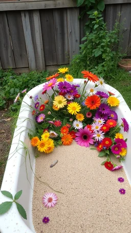 Bathtub filled with colorful flowers to the top with sands some of them are tingling down on the sided, abandoned in a the backyard