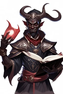 En male black skin tiefling fra dnd holding a book with Arcane Magic simple swirling around them