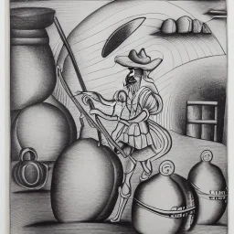 hand drawn in single line by Nicolai Blatter with hatch with parallel wavy lines metal engraving representing the Adventures of Don Quixote de la Mancha in bosch style or salvador dali style