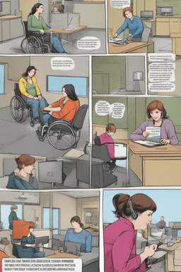 **Content Art:** Develop a comic strip series featuring women and disabled individuals navigating various scenarios safely and confidently. The series could address common safety concerns and provide tips on how to avoid scams during placements or interviews. **Appearance:** content art ideas that encapsulate the themes; "importance of First Aid training, safety and protection of women and individuals with disabilities or special challenges, and awareness against placement / interview scams, wor