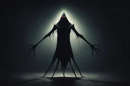 A demonic figure with a triangular body with long arms and creepy small eyes that is floating in a dark room
