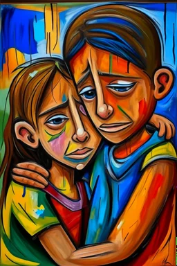 a girl hug her brother and both crying sadly, expressionism, Pixar style, in abstract art Basquiat, Picasso, Miro, Kandinsky, Klee, Birell, Fairey, Ardon, Buffet aand Picasso style, HD --s 750 --v 5.1 --style raw, water color