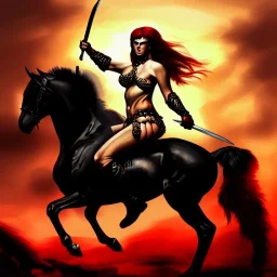 ultra detailed portrait of beautiful Red Sonja Riding a Black Horse and wearing a bikini plate armor, extremely detailed digital painting, extremely detailed face, in the style of Robert E. Howard ,mystical colors, rim light, beautiful lighting, 8 k, stunning scene, raytracing