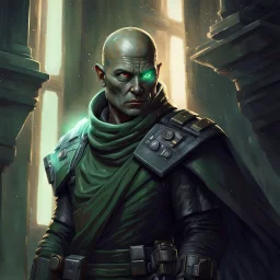 star wars bald male corellian jedi pilot wearing black and olive drab old republic armored flightsuit with gold trim inside the jedi temple holding a lightsaber with viridian green blade in left hand, centered head and shoulders portrait, hyperdetailed, dynamic lighting, hyperdetailed background, 8k resolution, volumetric lighting, light skin, fully symmetric details