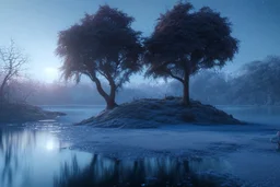 Ice blocks, one tree, night, lagoon reflection, sci-fi, epic,