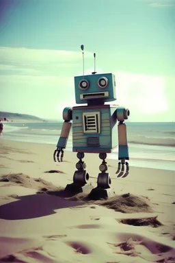 scary beach, big robot, 70s technology, analog film