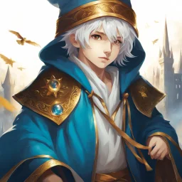 Fantasy World, A boy only wearing a closed wizards robe, and wearing a wizards hat. White Hair. Golden Eyes