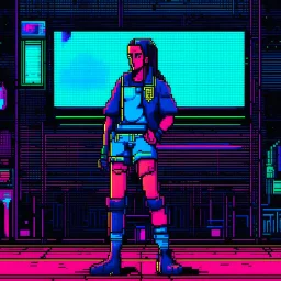 A pixel art cyberpunk version of the best football predictor master pundit soccer champ master female cool beautiful neon