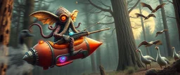 hairy macho gremlin octopus lizard alien couple living in a hi tech marvellous hot dog art graphics and gems on rocket with a mounted sling shot mega harpoon, heading for venus , background motion blur and smoke swirls, and cheeky geese through giant forest with thick tree stumps and grainy textured trees