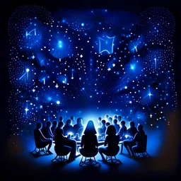 An online meeting with many participants ,dark blue glowing light, dark, stars, sparkle