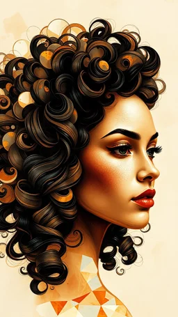 A beautiful women face abstract pattern using a palette of mother of pearl, rosewood, burnt amber beautiful curly hair