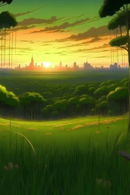a clearing with tall grass among many oak trees in the forest at sunset, anime close up grass to viewer, modern city below