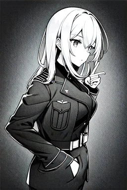 military girl puts her hand in her pocket to take something, greyscale