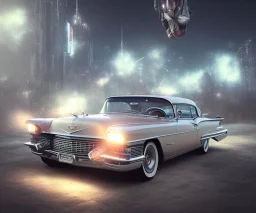 1957 Cadillac Eldorado Brougham. villain city. high speed. bokeh. lens flare. warm lights. high detailed. scifi fantasy.