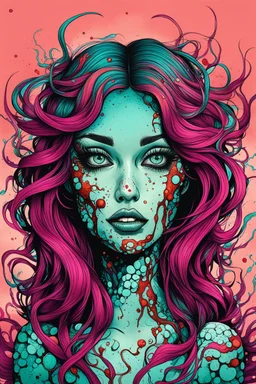 illustration of a freckle faced siren anti heroine in the style of Alex Pardee