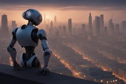 Humanoid looking robot looking out over an alien town skyline at dusk