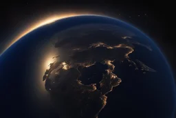 تصوير جوي للأرض من الفضاء، حيث يظهر الكوكب الأزرق الجميل في خلفية مظلمة وغامضة. تتلألأ سطح الأرض بألوانها المتعددة، ويتجلى لمحة من السحب والمحيطات. تنعكس ضوء الشمس بلطف على الجانب المضاء، مشيرةً إلى التنوع والجمال الذي تحمله هذه الكوكبة المعجزة.