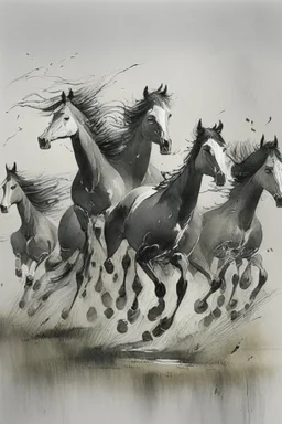 8 horses running on meadow as black ink watercolor chinesse paintin art